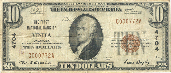 1929 $10.00. Vinita, OK Charter# 4704 Ty. 1. F.