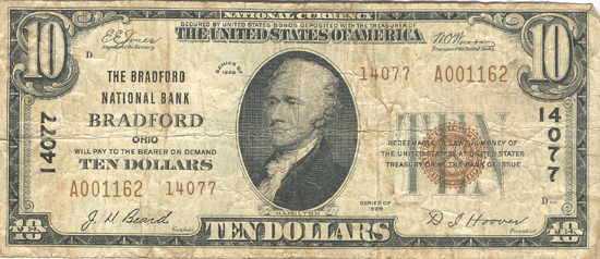 1929 $10.00. Bradford, OH Charter# 14077 Ty. 2. F.