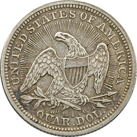 Six Seated Liberty Quarters.