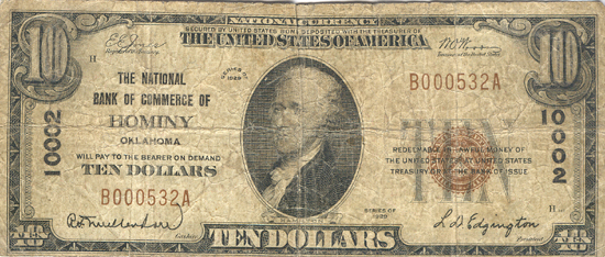 1929 $10.00. Hominy, OK Charter# 10002 Ty. 1. VG.