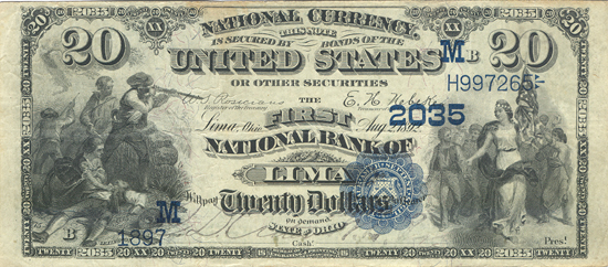 1882 $20.00. Lima, OH Charter# 2035 Date Back. VF.