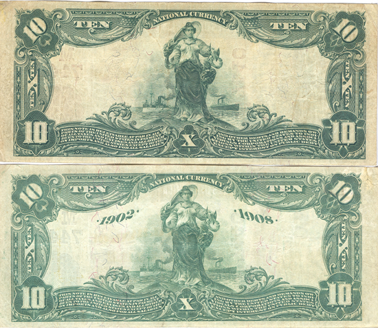 Two 1902 $10.00. Pawnee, IL Charter# 7440 Red Seal and Blue Seal. VF.