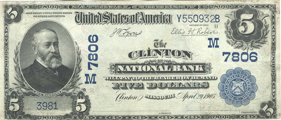 1902 $5.00. Clinton, MO Charter# 7806 Blue Seal. VF.