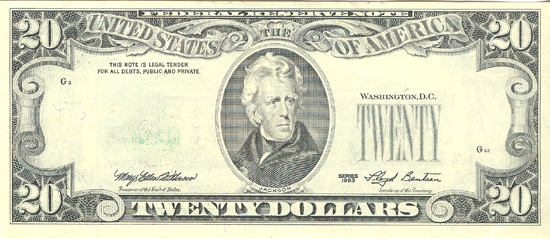 1993 $20 Boston 3rd Print On Back. CU.