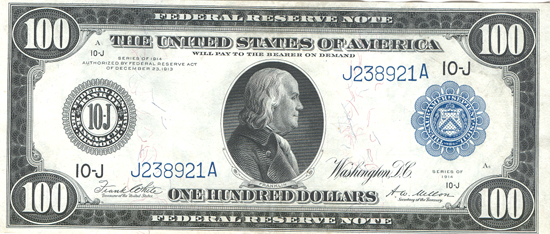 1914 $100.00 Kansas City. Blue Seal. AU.