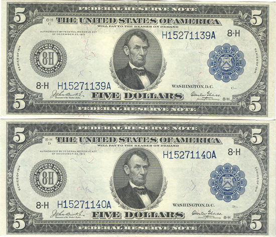 Two Sequential 1914 $5.00 St. Louis. Blue Seal. AU.