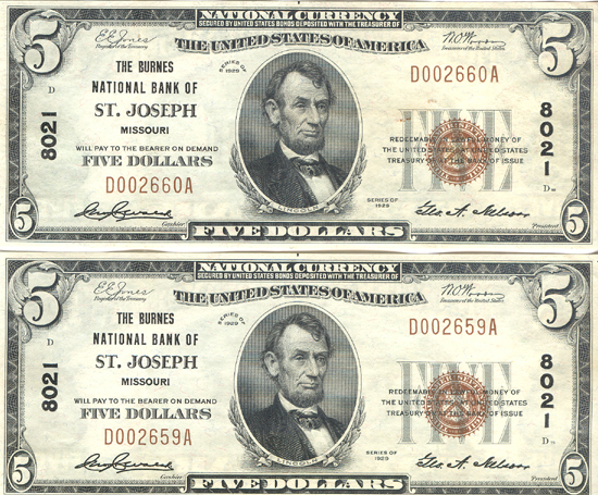 Two Sequential 1929 $5.00. St. Joseph, MO Charter# 8021 Ty. 1. XF.