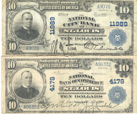 Two 1902 $10.00. St. Louis, MO Blue Seal. VG.