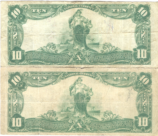 Two 1902 $10.00. St. Louis, MO Blue Seal. VG.