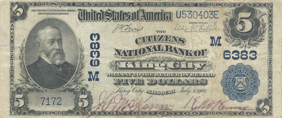 1902 $5.00. King City, MO Charter# 6383 Blue Seal. PMG VF-20.