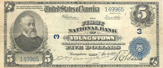 1902 $5.00. Youngstown, OH Charter# 3 Blue Seal. VF.