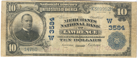 1902 $10.00. Lawrence, KS Charter# 3584 Blue Seal. F.