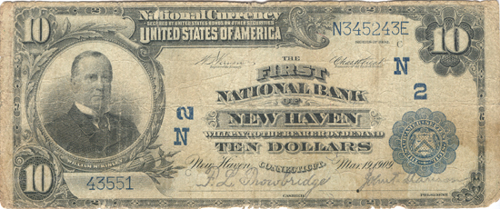 1902 $10.00. New Haven, CT Charter# 2 Blue Seal. Good.