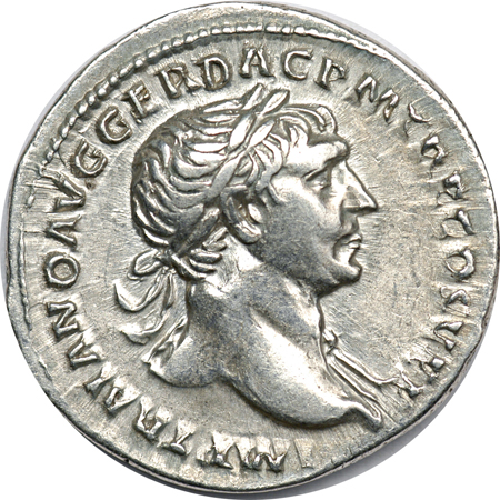 Trajan 98 - 117 CE AR Denarius. XF-45.