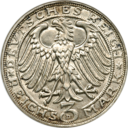 1928 Germany, Weimar Republic, Death of Durer Three Mark. NGC MS-63