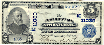 1902 $5.00. Edwardsville, IL Charter# 11039 Blue Seal. XF.