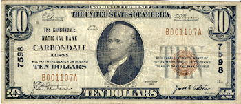 1929 $10.00. Carbondale, IL Charter# 7598 Ty. 1. F.