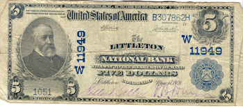 1902 $5.00. Littleton, CO Charter# 11949 Blue Seal. F.