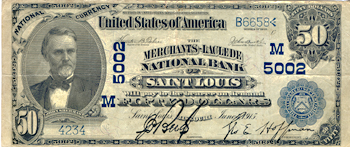 1902 $50.00 Date Back. Saint Louis, MO Charter# 5002 Blue Seal. VF.