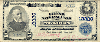 1902 $5.00. Saint Louis, MO Charter# 12220 Blue Seal. VF.