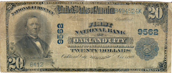 1902 $20.00. Oakland City, IN Charter# 9562 Blue Seal. Good.