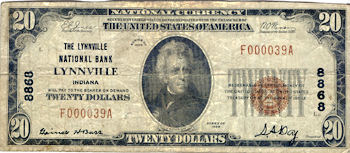 1929 $20.00. Lynnville, IN Charter# 8868 Ty. 1. F.