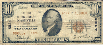 1929 $10.00. Nashville, IL Charter# 6524 Ty. 2. F.