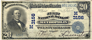 1902 $20.00. Metropolis, IL Charter# 3156 Blue Seal. VF.