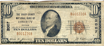 1929 $10.00. Liberty, IN Charter# 2007 Ty. 1. F.