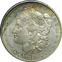 Eight Morgan Silver Dollars. PCGS MS-64.