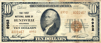1929 $10.00. Huntsville, AR Charter# 8952 Ty. 2. VF.