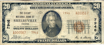 1929 $20.00. Shelbyville, IN Charter# 7946 Ty. 2. F.