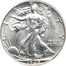 Two Walking Liberty Half Dollars.