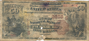 1882 $50.00. Vicksburg, MS Charter# 3258 Brown Back.