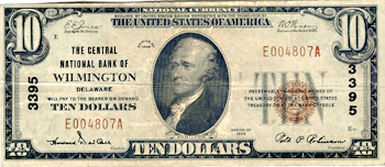 1929 $10.00. Wilmington, DE Charter# 3395 Ty. 1. VF.