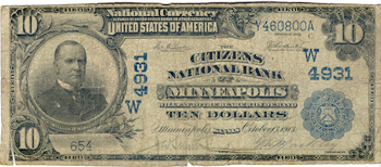 1902 $10.00. Minneapolis, KS Charter# 4931 Blue Seal Date Back. VG.