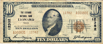 1929 $10.00. Leonard, TX Charter# 12382 Ty. 2. F.