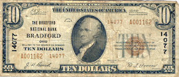 1929 $10.00. Bradford, OH Charter# 14077 Ty. 2. F.