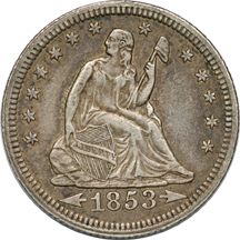 Six Seated Liberty Quarters.