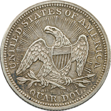 Six Seated Liberty Quarters.