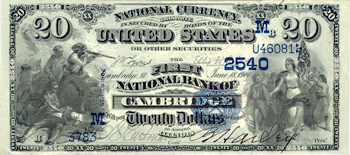 1882 $20.00. Cambridge, IL Charter# 2540 Value Back. XF.