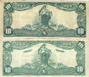 Two 1902 $10.00. Pawnee, IL Charter# 7440 Red Seal and Blue Seal. VF.