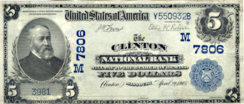 1902 $5.00. Clinton, MO Charter# 7806 Blue Seal. VF.