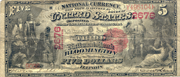 1875 $5.00. Bloomington, IL Charter# 2676 Scallops. F.