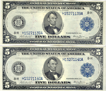 Two Sequential 1914 $5.00 St. Louis. Blue Seal. AU.