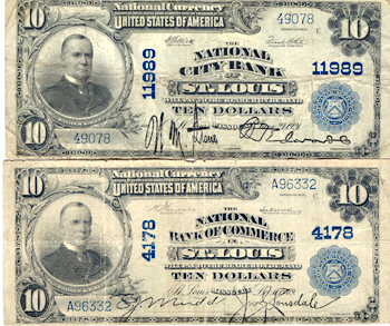 Two 1902 $10.00. St. Louis, MO Blue Seal. VG.