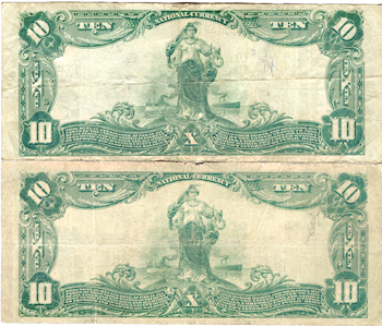 Two 1902 $10.00. St. Louis, MO Blue Seal. VG.