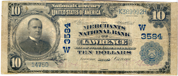 1902 $10.00. Lawrence, KS Charter# 3584 Blue Seal. F.