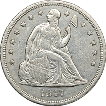 Two Seated Liberty Silver Dollars.