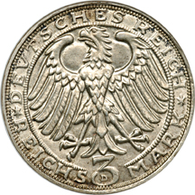 1928 Germany, Weimar Republic, Death of Durer Three Mark. NGC MS-63